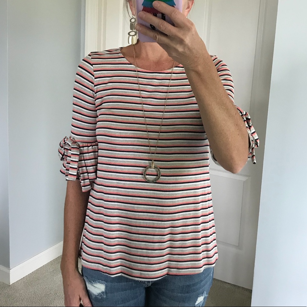 Striped Short Bell Tie Sleeve Top - Picture 2 of 7